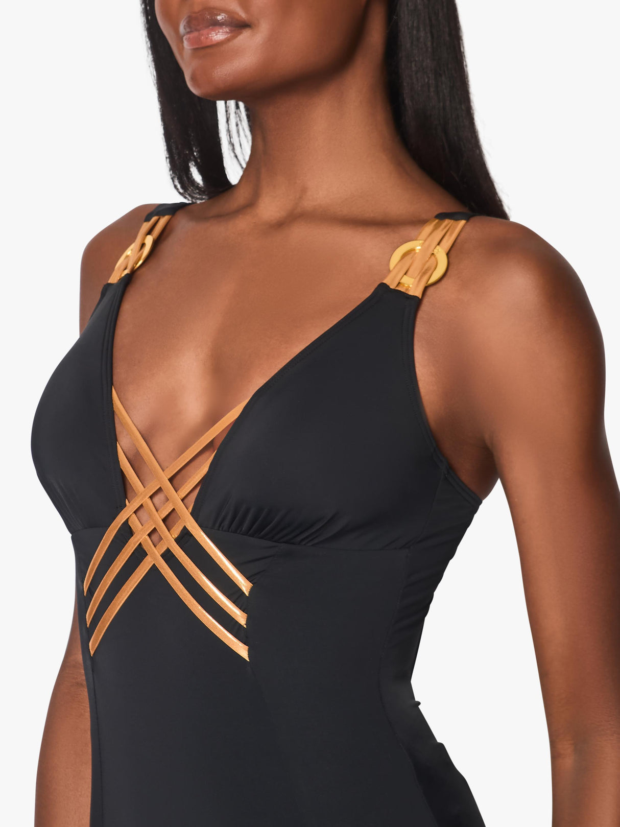 NAIA Beach Raquel Plunge Neck Interlaced Front Swimsuit - Black - Size 14