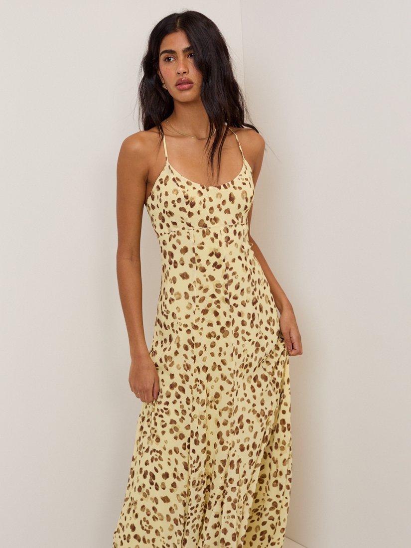 Nobody's Child Petite Kiki Leopard Print Midi Dress - Yellow/Brown - Size 10