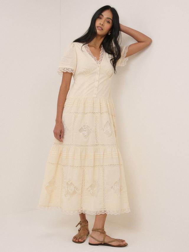 Nobody's Child Jasmine Drop Waist Midi Petite Plain A-Line Dress -Cream UK10
