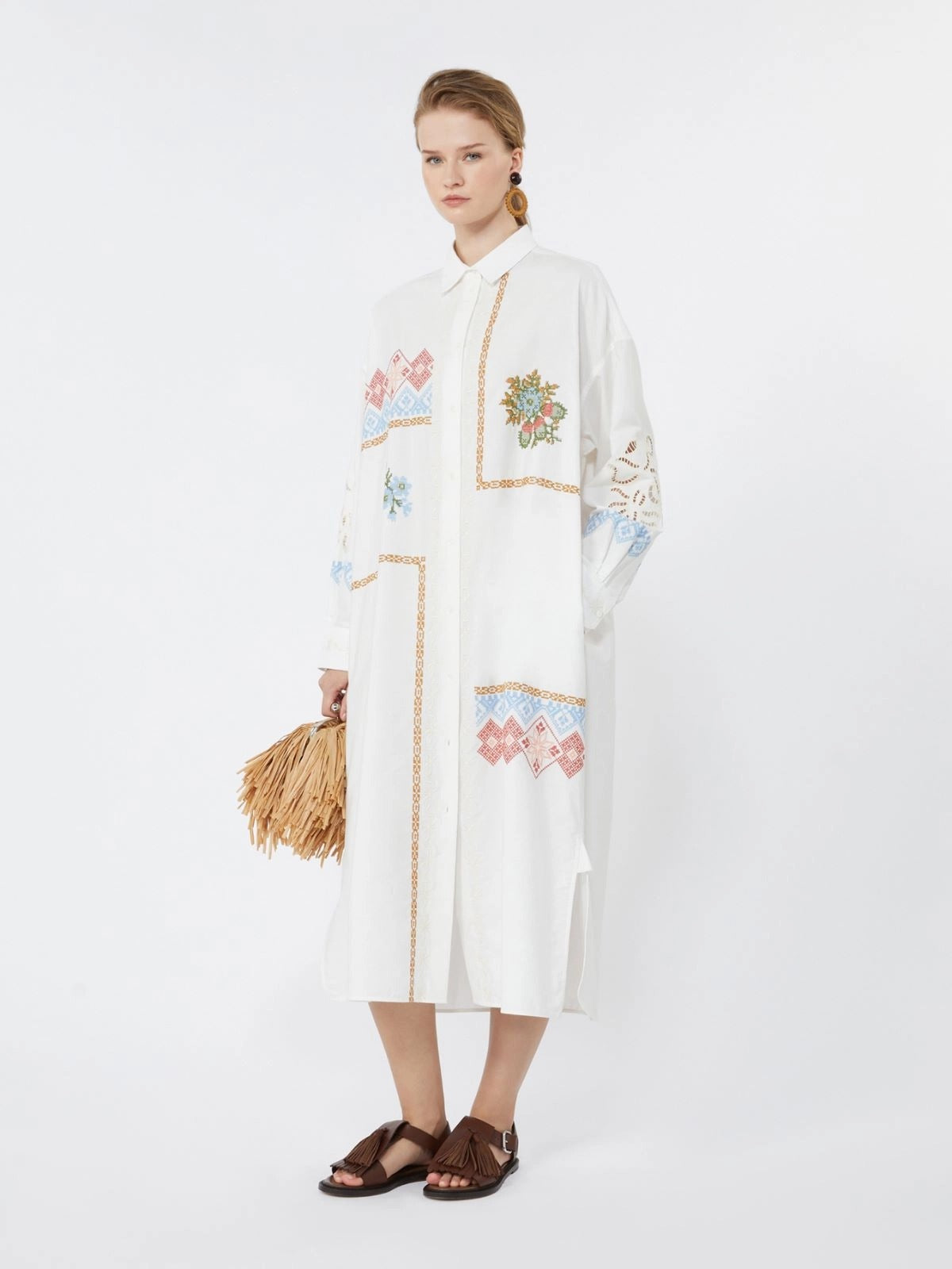 NEW Weekend MaxMara Gru Floral Short Sleeved Shirt Dress - White/Multi UK 16