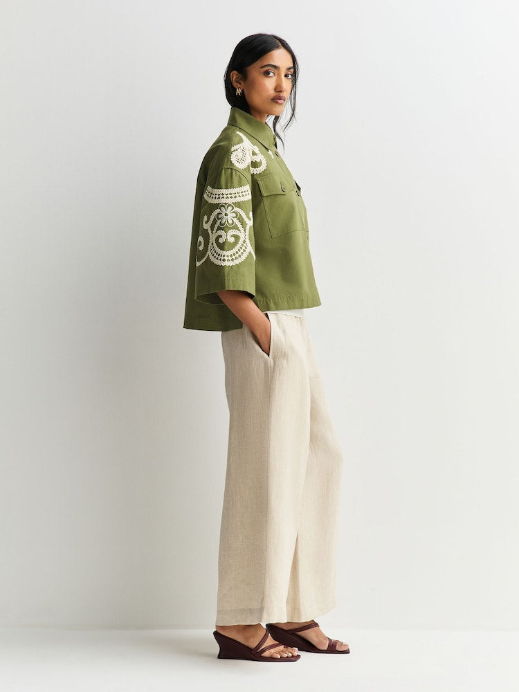 Weekend MaxMara Como Women's Relaxed Embroidered Shacket Khaki/Cream Size 8