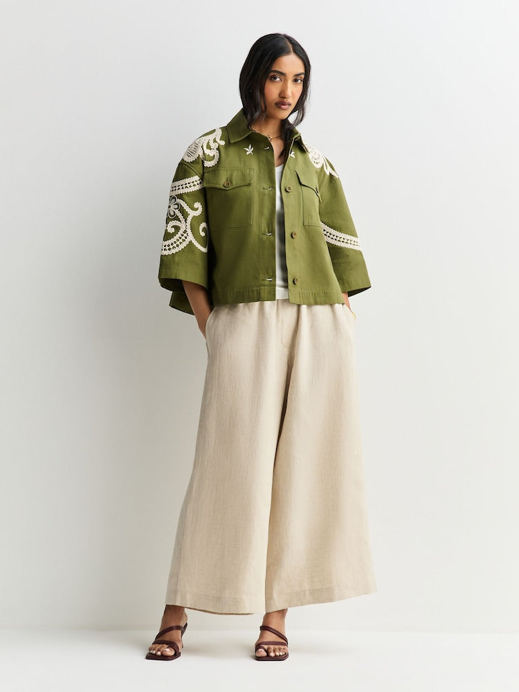 Weekend MaxMara Como Women's Relaxed Embroidered Shacket Khaki/Cream Size 8