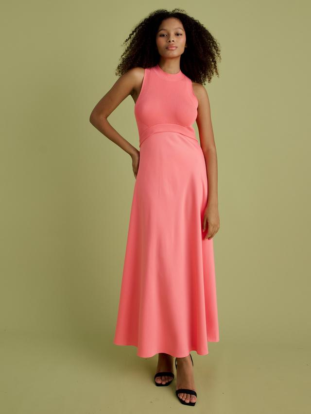 FLORERE Fit & Flare High Neck Sleeveless A-Line Midi Dress - Pink UK 14