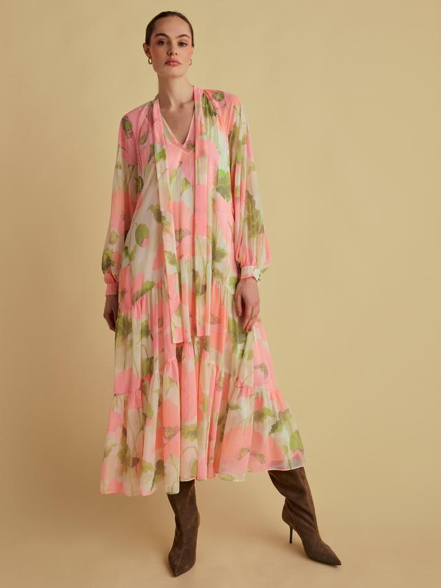FLORERE Women's Tie V-Neck Midi Blouson Sleeve Dress - Multi/Pink - UK 14