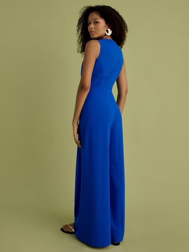 FLORERE Women's V-Neck Sleeveless Long Wide Leg Jumpsuit - Blue - UK 10