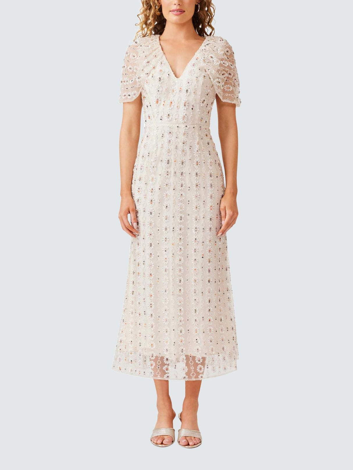 Elliatt Womens Kristina Beaded Mesh Short Sleeve Midi Dress - White - S