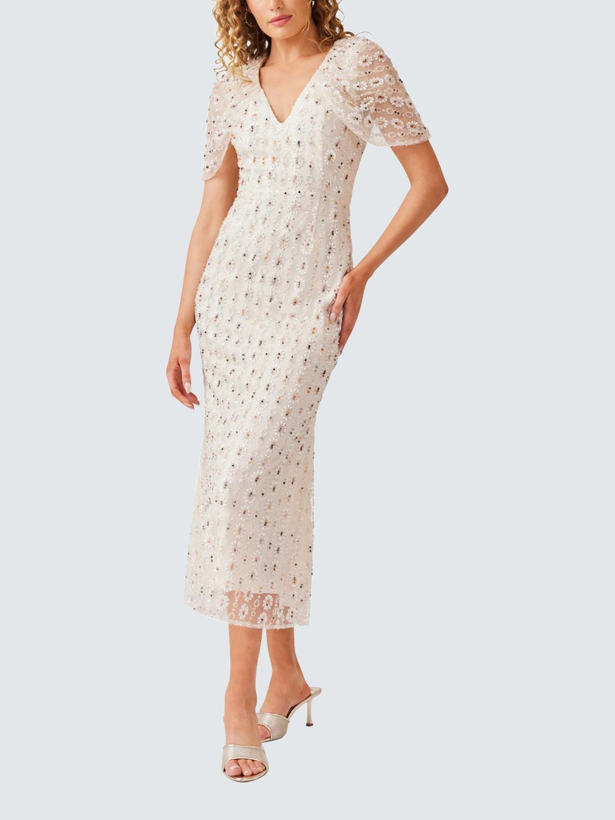 Elliatt Womens Kristina Beaded Mesh Short Sleeve Midi Dress - White - S