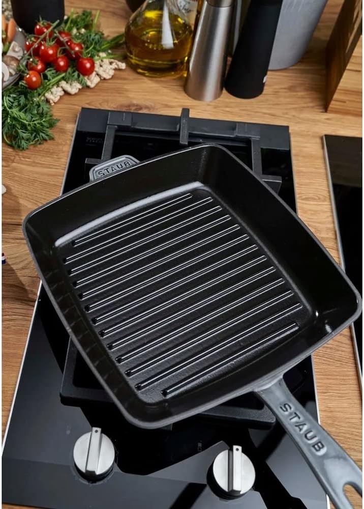 STAUB Cast Iron Square 26cm Oven & Grill Safe American Grill Pan - Grey
