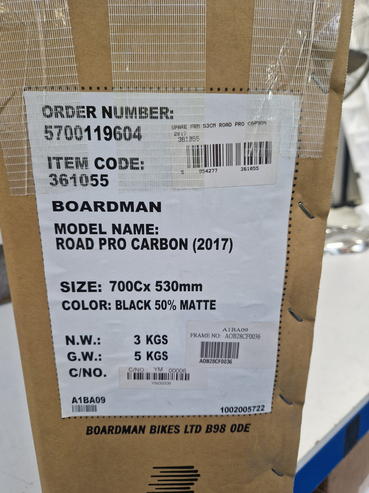 Boardman Road Pro Carbon 2017 700c Bike Frame Only - Black - 53cm Medium