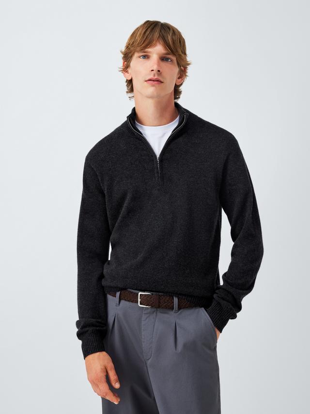 John Lewis Pure Cashmere Half Zip High Neck Men's Jumper - Large - Charcoal