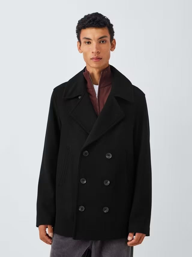 John Lewis Men's Double Breasted Wool Blend Peacoat Jacket - Black - XL