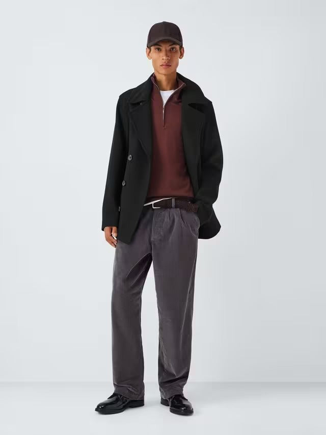 John Lewis Men's Double Breasted Wool Blend Peacoat Jacket - Black - XL