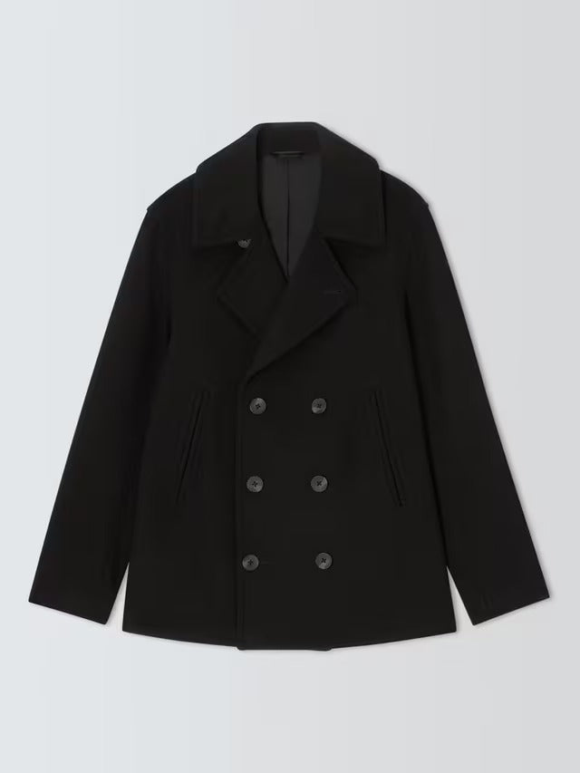 John Lewis Men's Double Breasted Wool Blend Peacoat Jacket - Black - XL