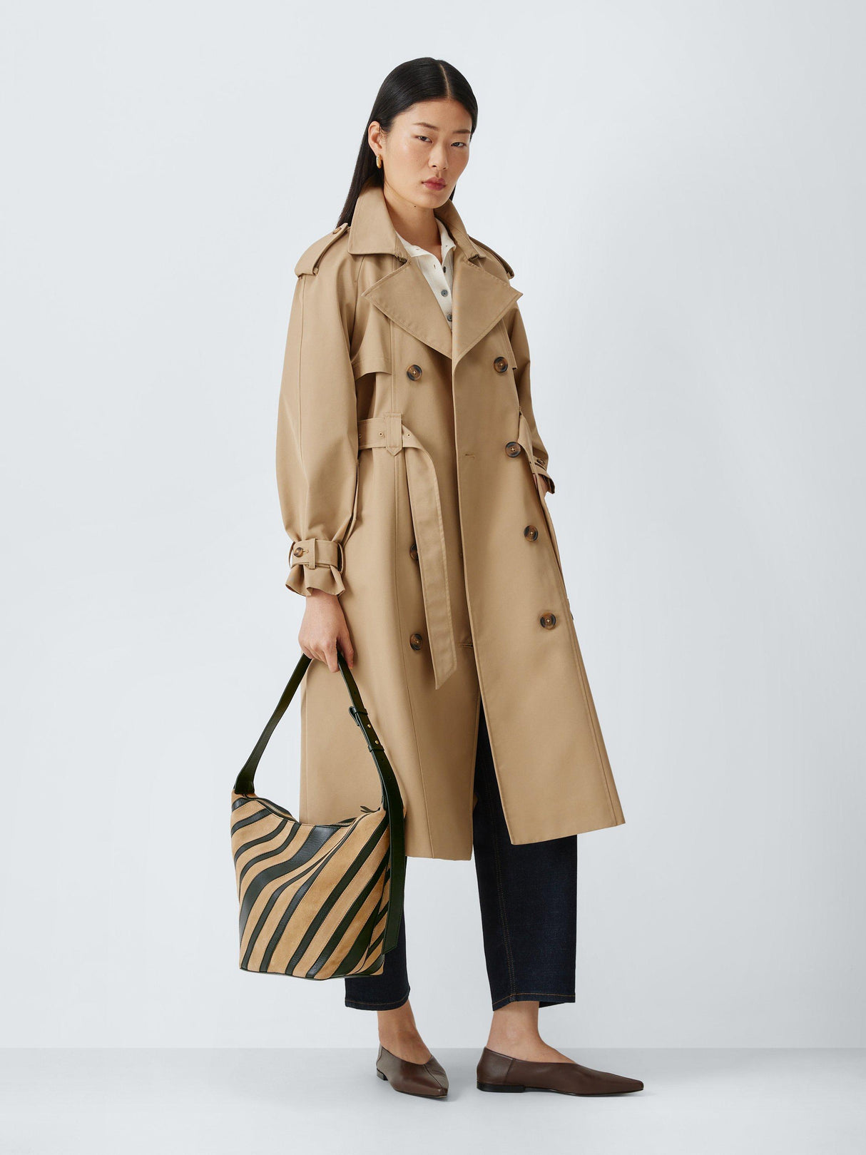 John Lewis Eden Suede and Leather Stripe Adjustable Hobo Bag - Tan/Black