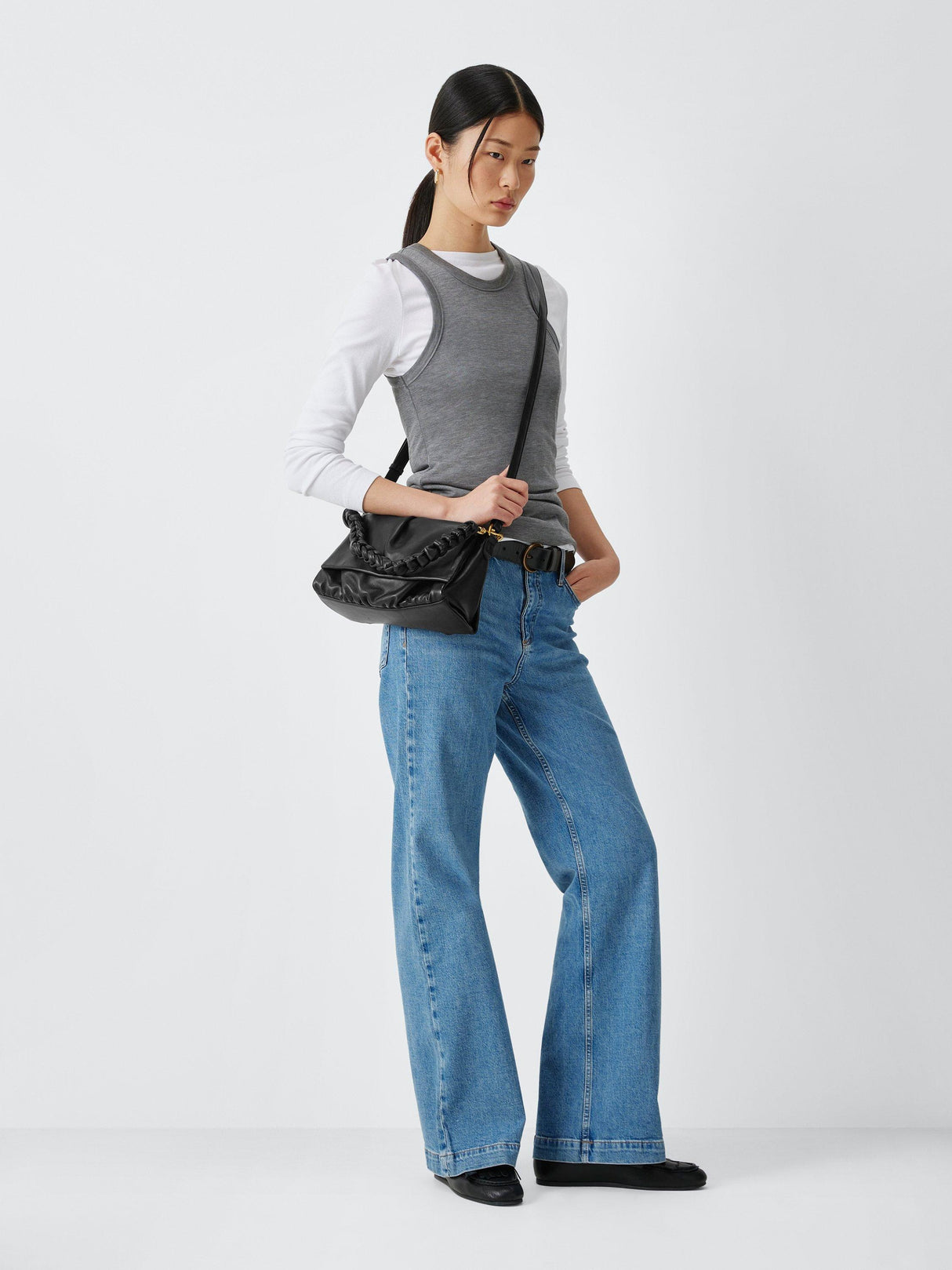 John Lewis Ruched Flapover Leather Multiway Handbag Crossbody Bag - Black