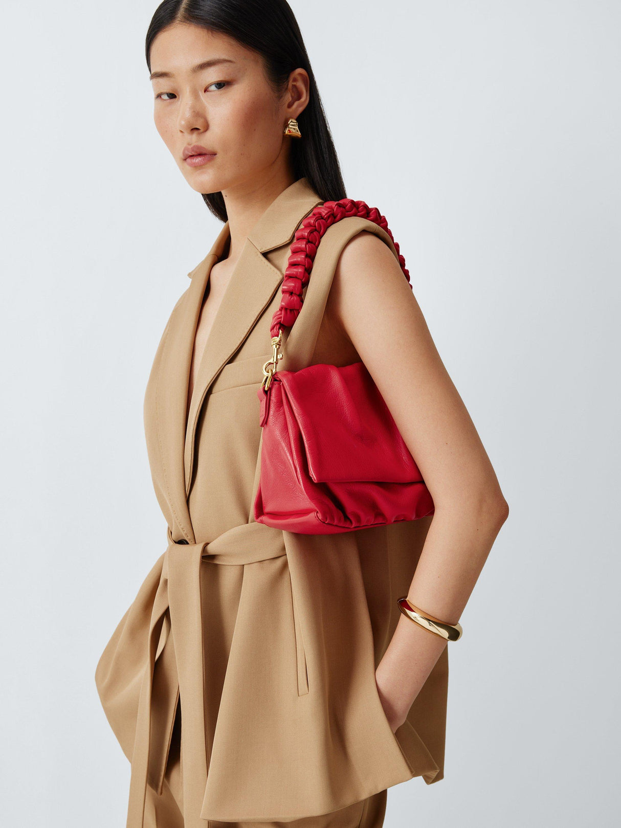 John Lewis Ruched Flapover Multiway Strap Leather Crossbody Handbag - Red
