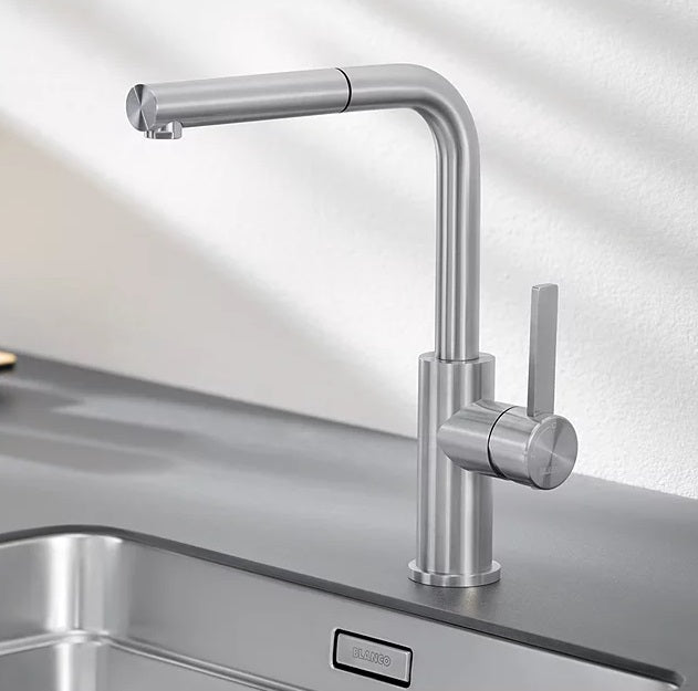 Blanco Lanora-S Pull-Out Spout Single Lever Kitchen Mixer Tap Brushed Steel - Kazoop