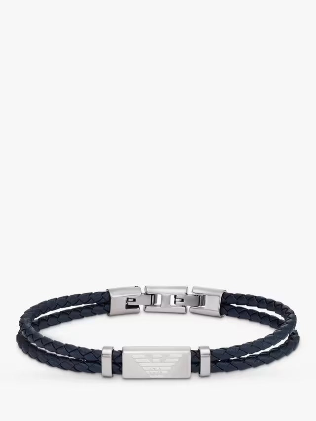 Emporio Armani Men's ID Leather Braided Cord 19.6cm Bracelet - Silver/Blue