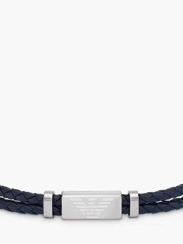 Emporio Armani Men's ID Leather Braided Cord 19.6cm Bracelet - Silver/Blue