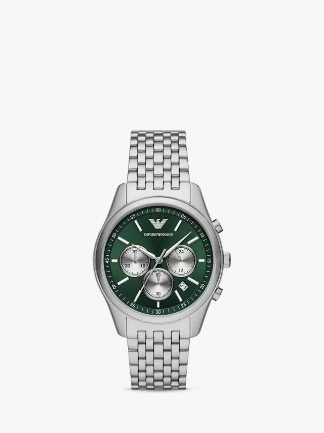 Emporio Armani AR1581 Mens Chronograph 41mm Bracelet Wristwatch Silver/Green