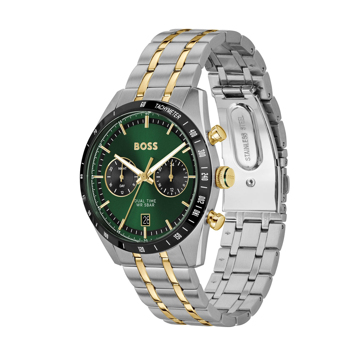 BOSS 1514287 Mens Tourmaster Two Tone 41mm Chronograph Watch - Green/Silver