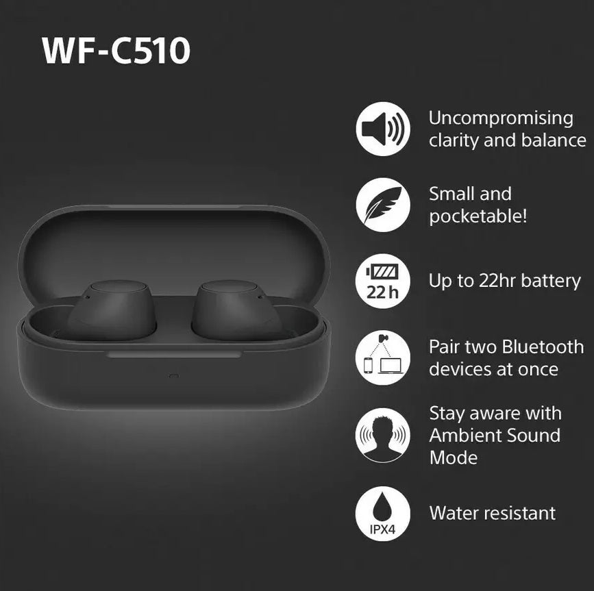 Sony WF-C510 Splashproof Quick Charging Wireless Bluetooth Earbuds - Black