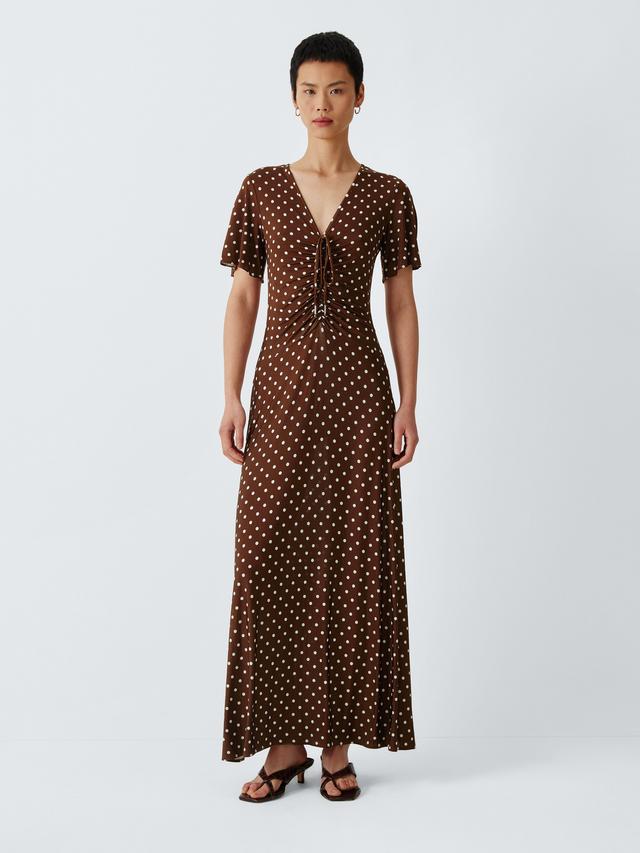 Marella Teca V-Neck Short Sleeve Polka Dot Maxi Dress - Brown/White - Small