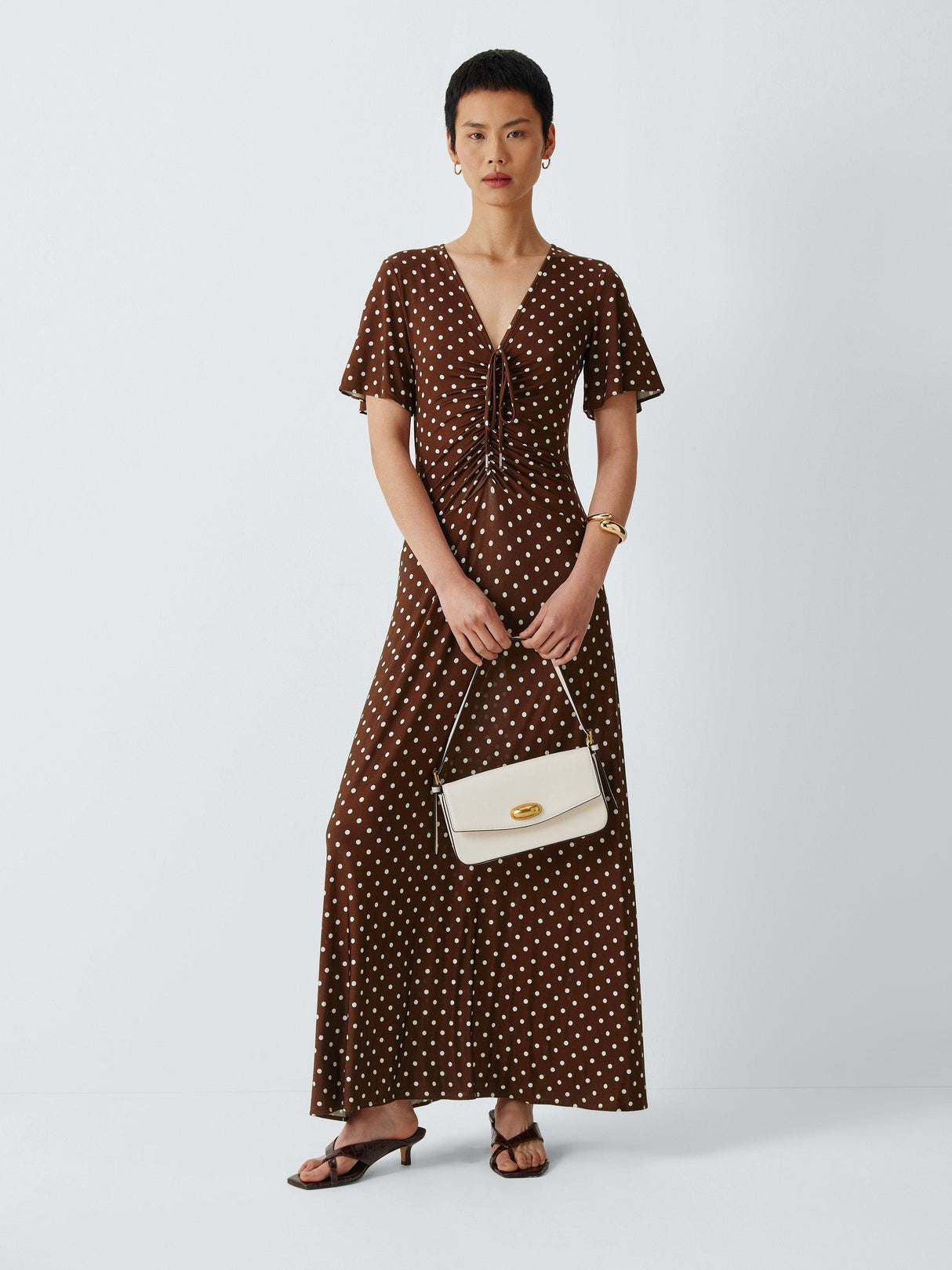 Marella Teca V-Neck Short Sleeve Polka Dot Maxi Dress - Brown/White - Small