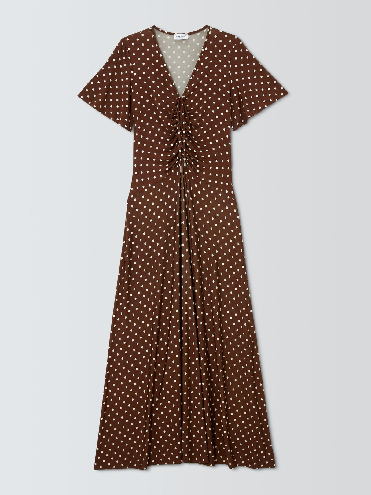 Marella Teca V-Neck Short Sleeve Polka Dot Maxi Dress - Brown/White - Small