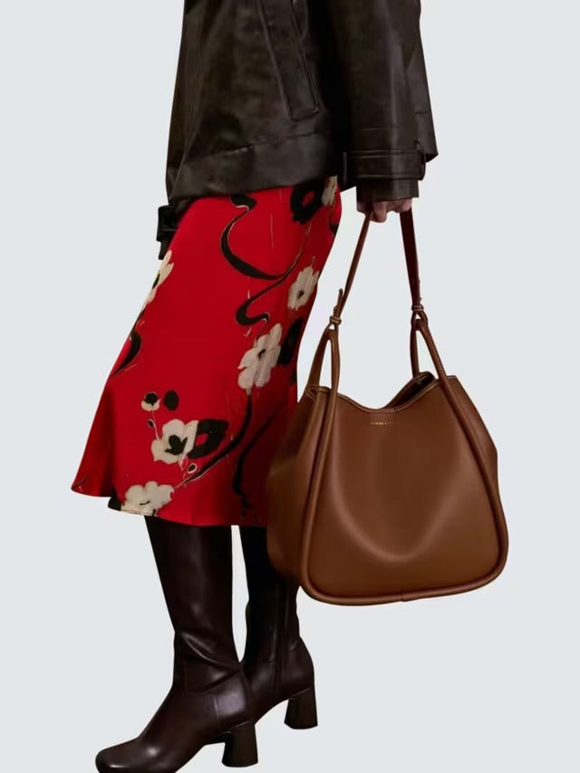 CHARLES & KEITH Women's Lyla Tubular Slouchy Faux Leather Tote Bag Chocolate