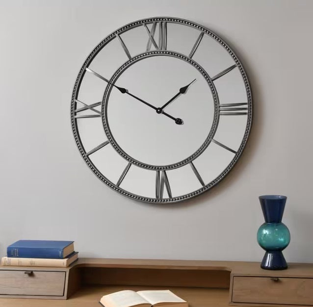 Libra Interiors Framed Beaded Mirrored 70cm Round Wall Clock - Silver/Grey