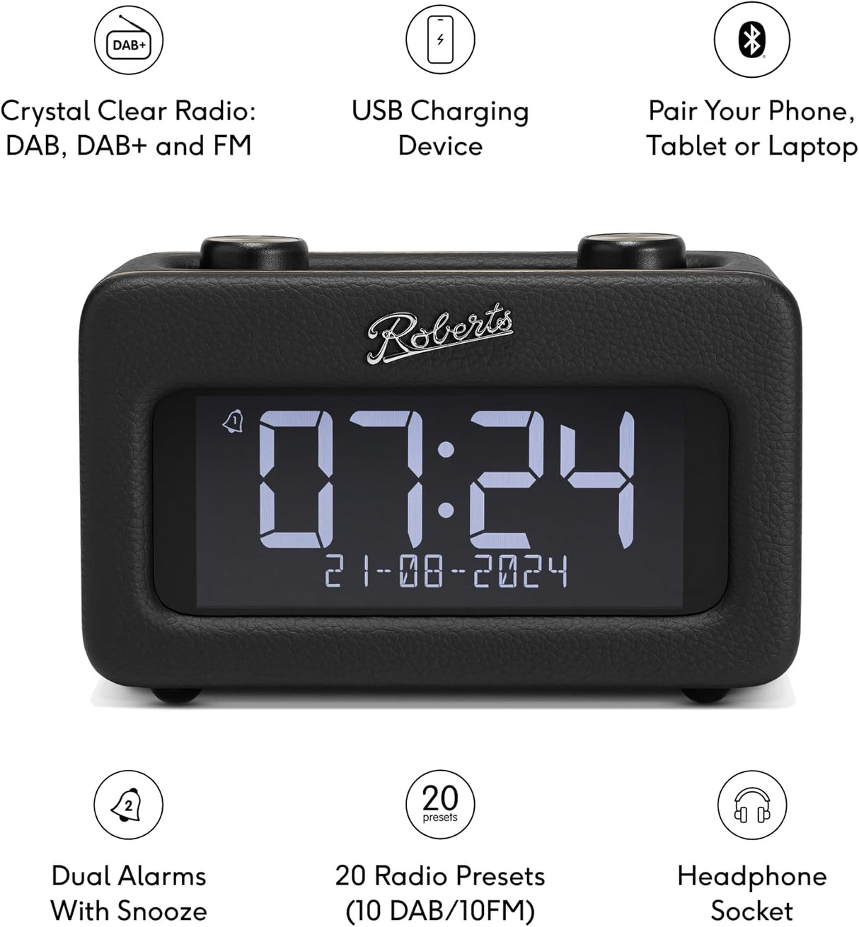 Roberts Revival Rest DAB/DAB+/FM Tuner Bluetooth Bedside Clock Radio - Black