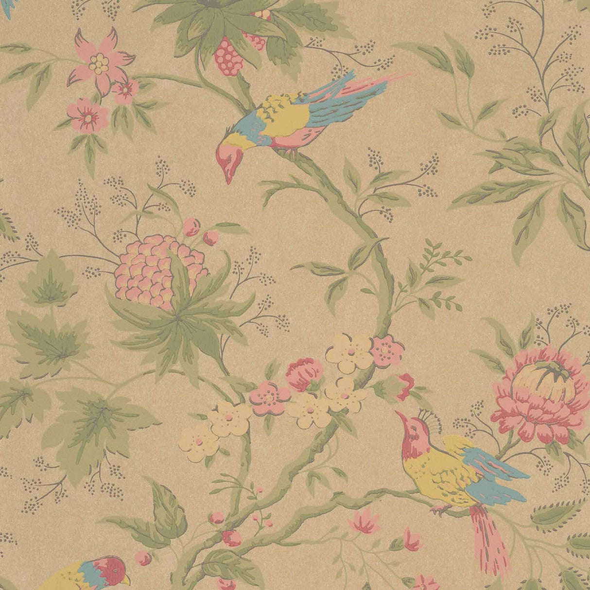 The Little Greene Brooke House Birds Floral Wallpaper 52cm x 10m - Parchment