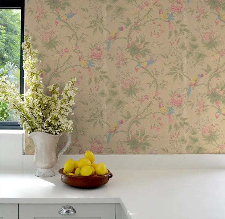 The Little Greene Brooke House Birds Floral Wallpaper 52cm x 10m - Parchment