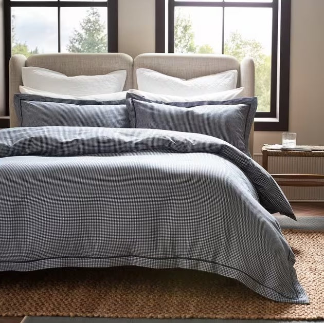 Christy Gingham Check Reversible Blue 200TC Cotton Duvet Cover Set - Double