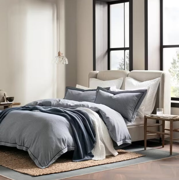 Christy Gingham Check Reversible Blue 200TC Cotton Duvet Cover Set - Double