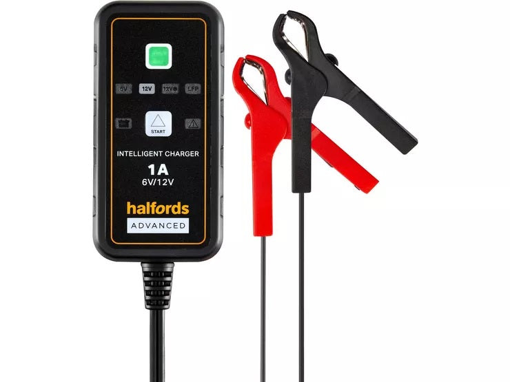 Halfords Smart Motorcycle Bike 6/12V 1A Intelligent Battery Charger - Black - Kazoop