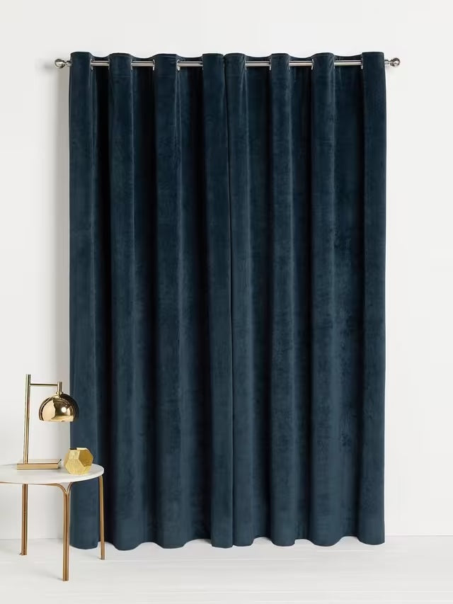 John Lewis Velvet Pair Lined Eyelet Curtains W228 x Drop 182cm - Navy Blue