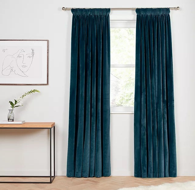 John Lewis Velvet Pair Lined Pencil Pleat Curtains W228 x Drop 274cm - Teal - Kazoop