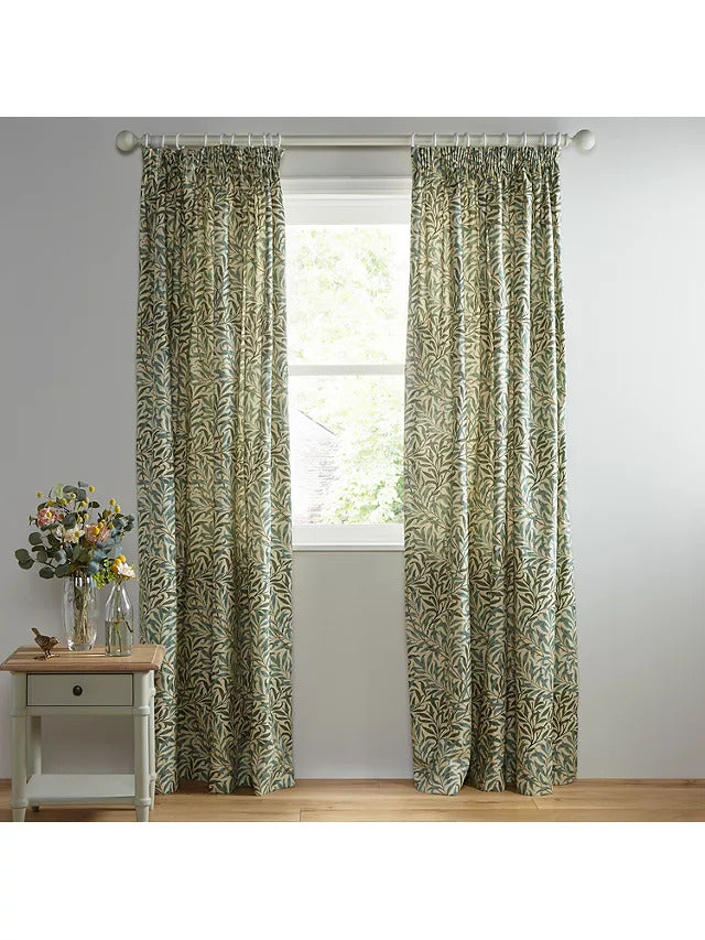 Morris & Co. Willow Bough Pair Lined Pencil Pleat Curtains W167xD274cm Green - Kazoop