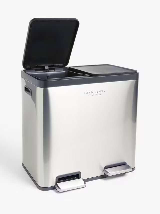 John Lewis 2 Section 60L Recycling Pedal Bin with Handles - Stainless Steel