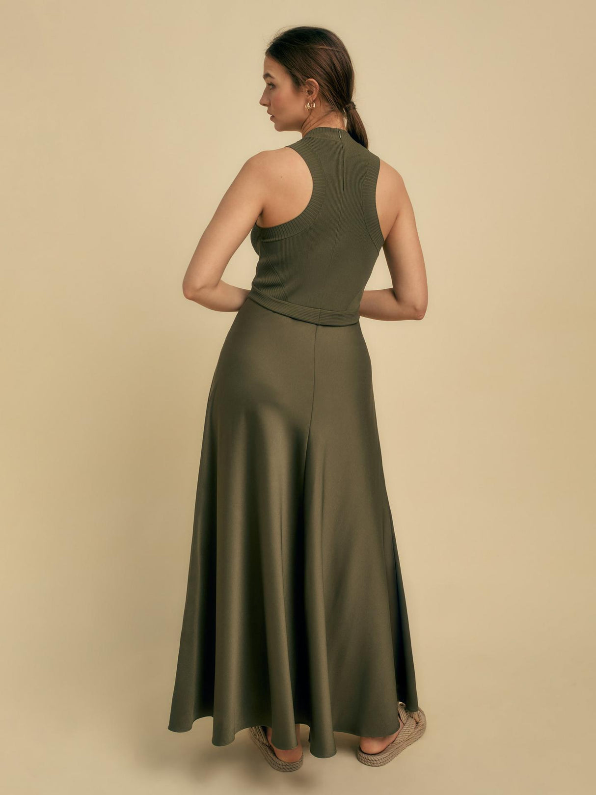 Florere Womens Regular Fit Viscose Blend Rib Knit/Satin Midi Dress 12 Khaki