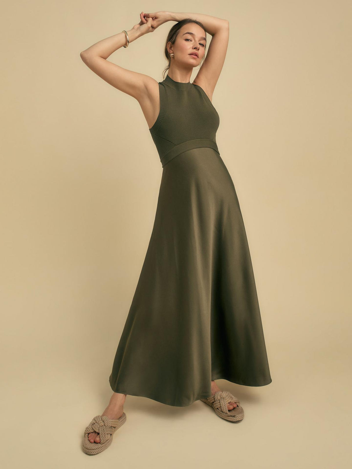 Florere Womens Regular Fit Viscose Blend Rib Knit/Satin Midi Dress 12 Khaki