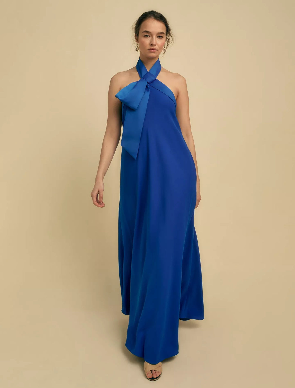 FLORERE Bow Crepe Blue Sleeveless Halter-Neck Maxi Dress with Pockets - UK 8