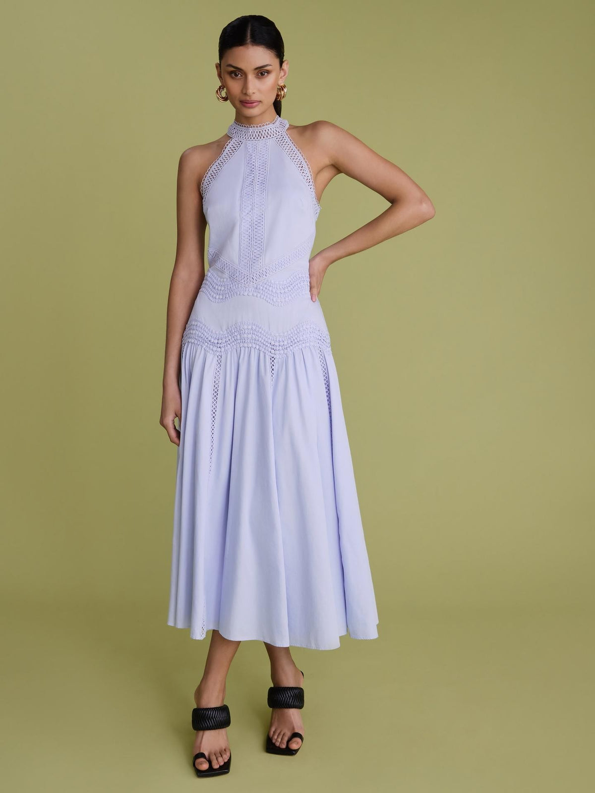 FLORERE High Neck Lace Lined Tape Sleeveless Midi Dress - Dusty Blue - UK 14
