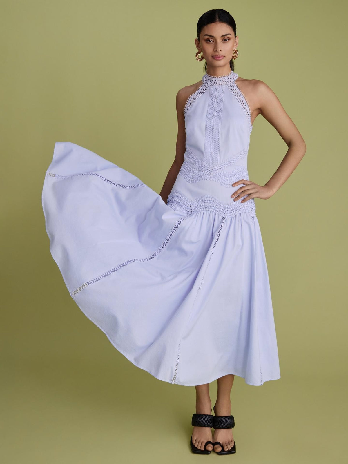 FLORERE High Neck Lace Lined Tape Sleeveless Midi Dress - Dusty Blue - UK 14
