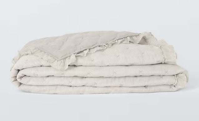 John Lewis Chambray Stripe Quilted Frilled Bedspread 250 x 260cm - Natural