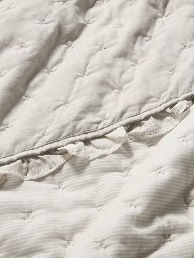 John Lewis Chambray Stripe Quilted Frilled Bedspread 250 x 260cm - Natural
