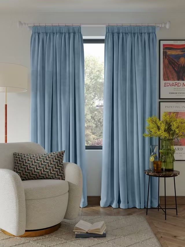 John Lewis Velvet Pair Lined Pencil Pleat Curtains W228 x D228cm - Blue