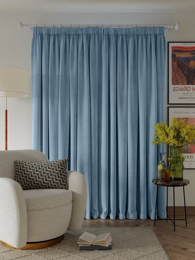 John Lewis Velvet Pair Lined Pencil Pleat Curtains W228 x D228cm - Blue